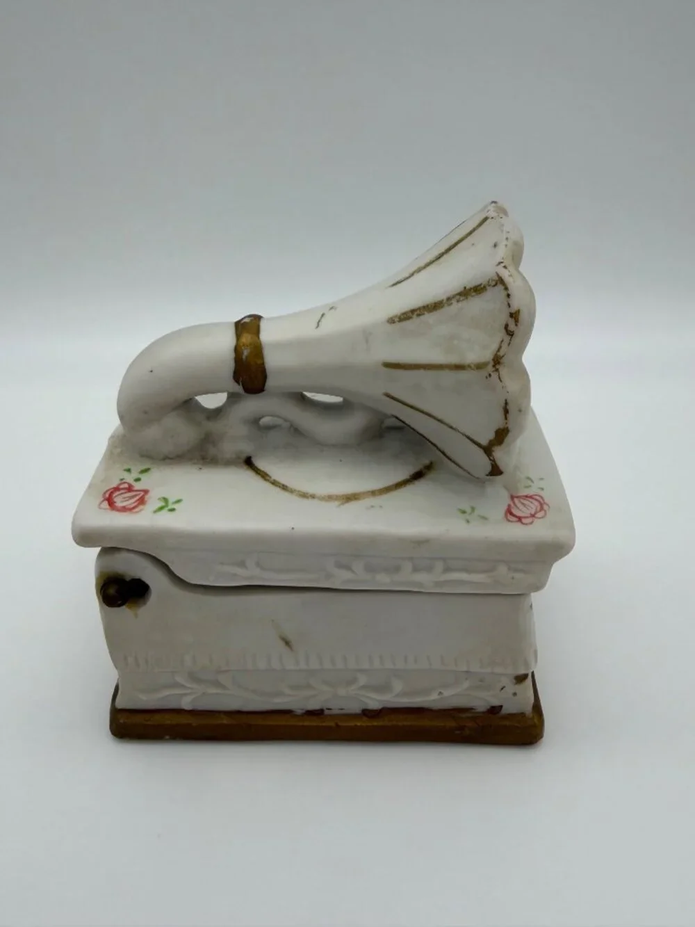 Vintage Bisque Porcelain Gramophone Phonograph Trinket Jewelry Box Applied Roses